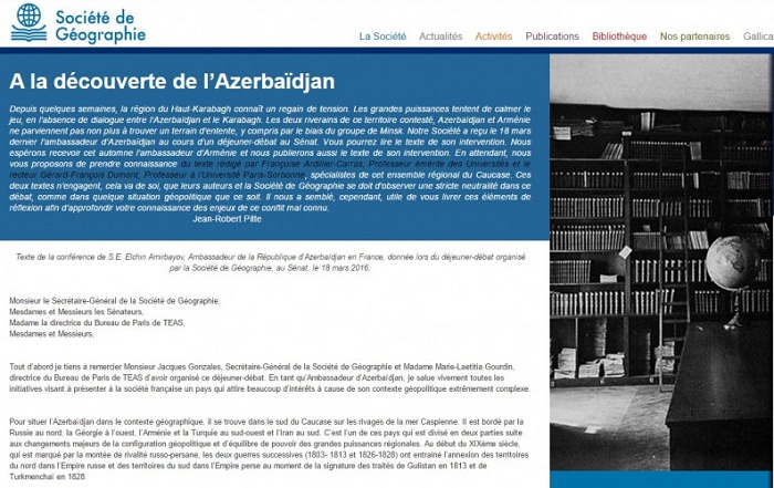 La Société de Géographie publie sur son site la conférence de l’ambassadeur d’Azerbaïdjan en France